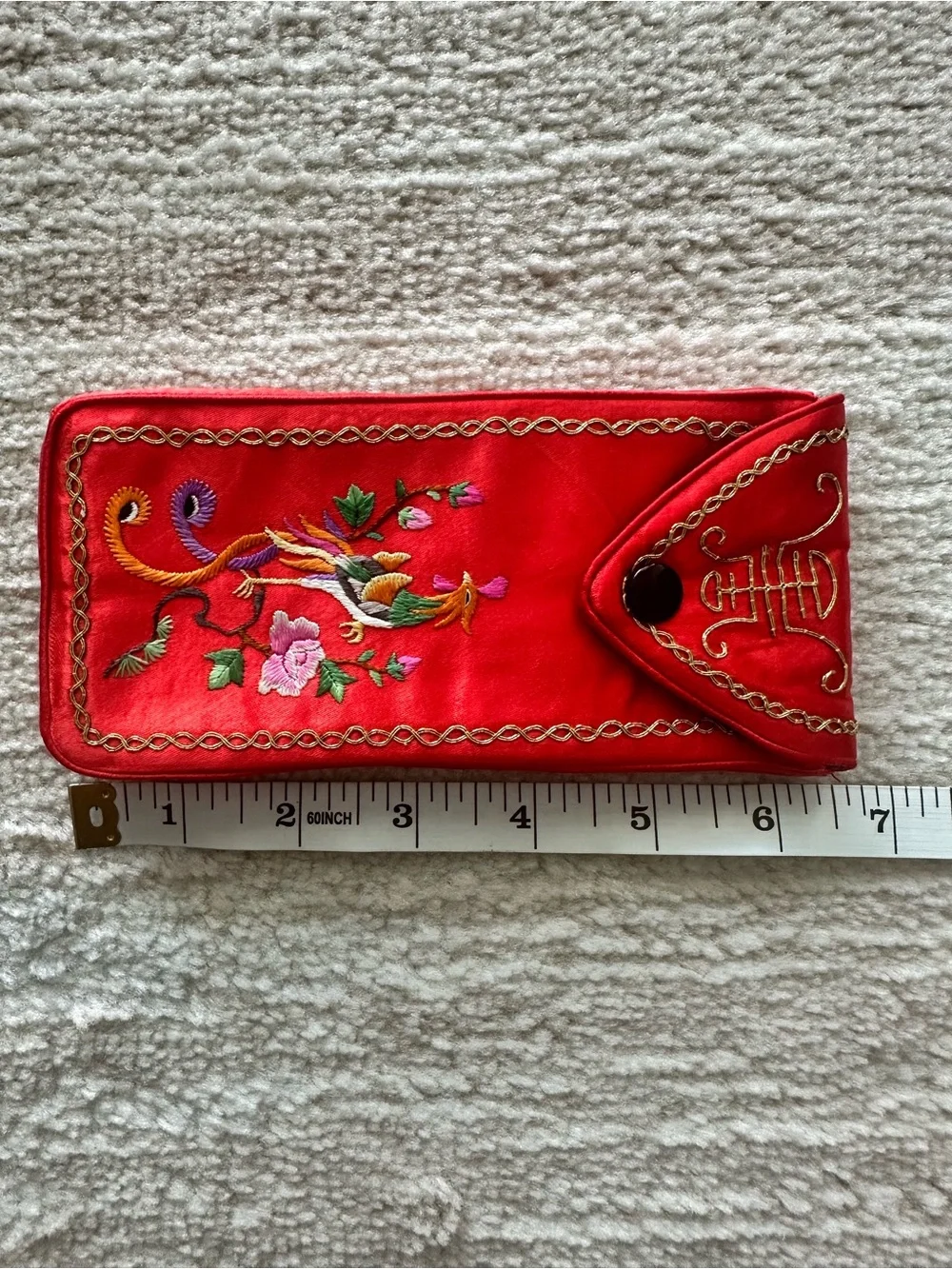 Oriental Embroidered Red Satin Fabric Eyeglass Case